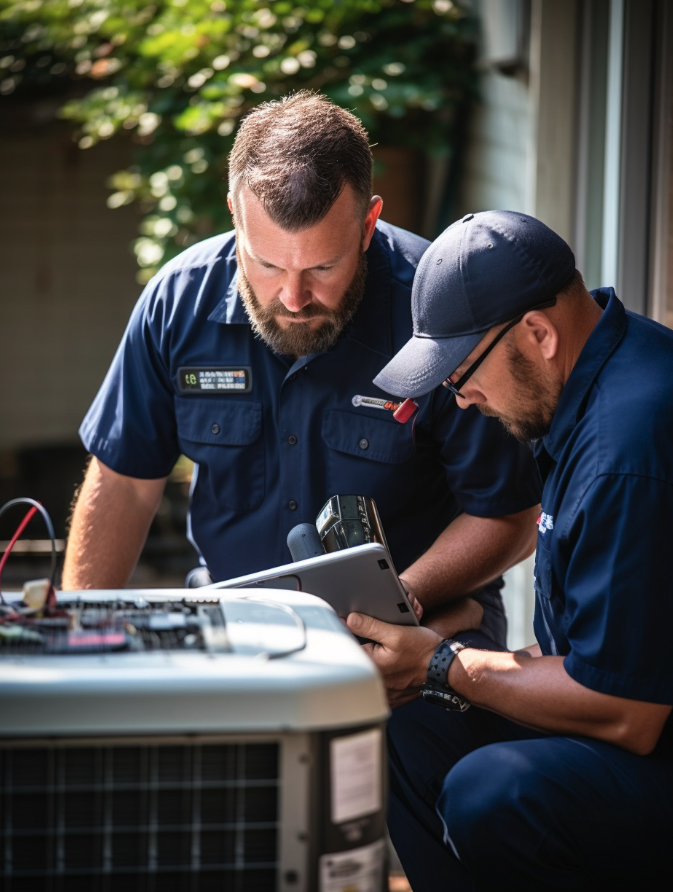 Two HVAC technicians work together to inspect/repair a condensing unit outside.